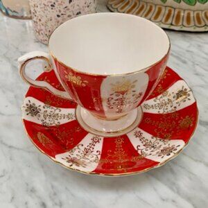 Royal Grafton Bone China Tea Cup and Saucer. Red, White & Gold